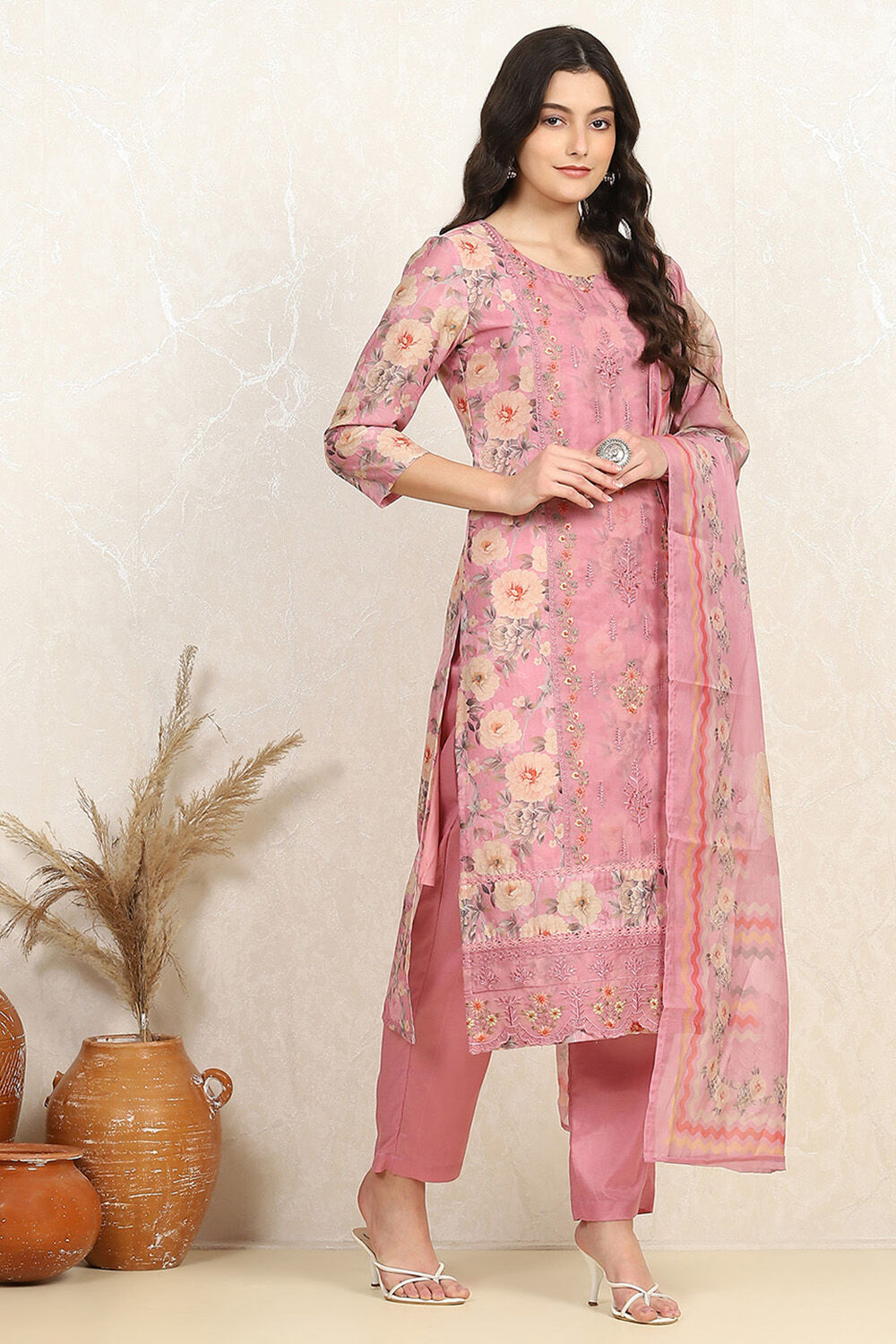 Orange Muslin Unstitched Suit Set image number 6