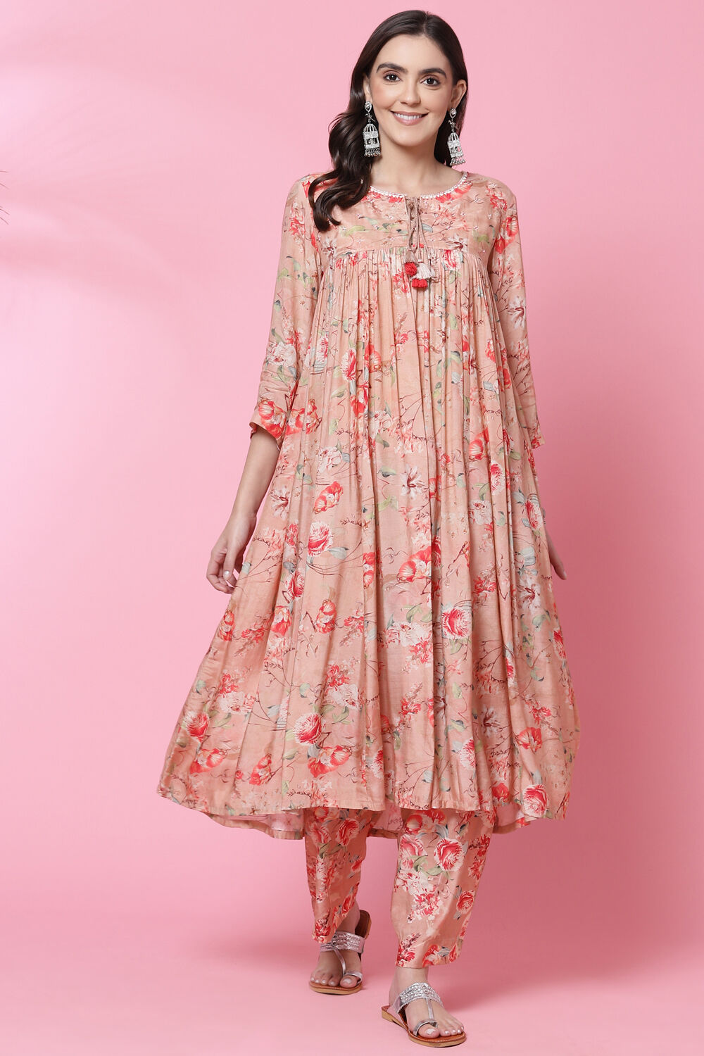 Dusky Peach Cotton Modal Flared Kurta Palazzo Suit Set image number 0