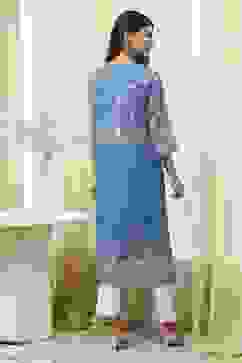 Blue Cotton Printed Straight Kurta image number 3