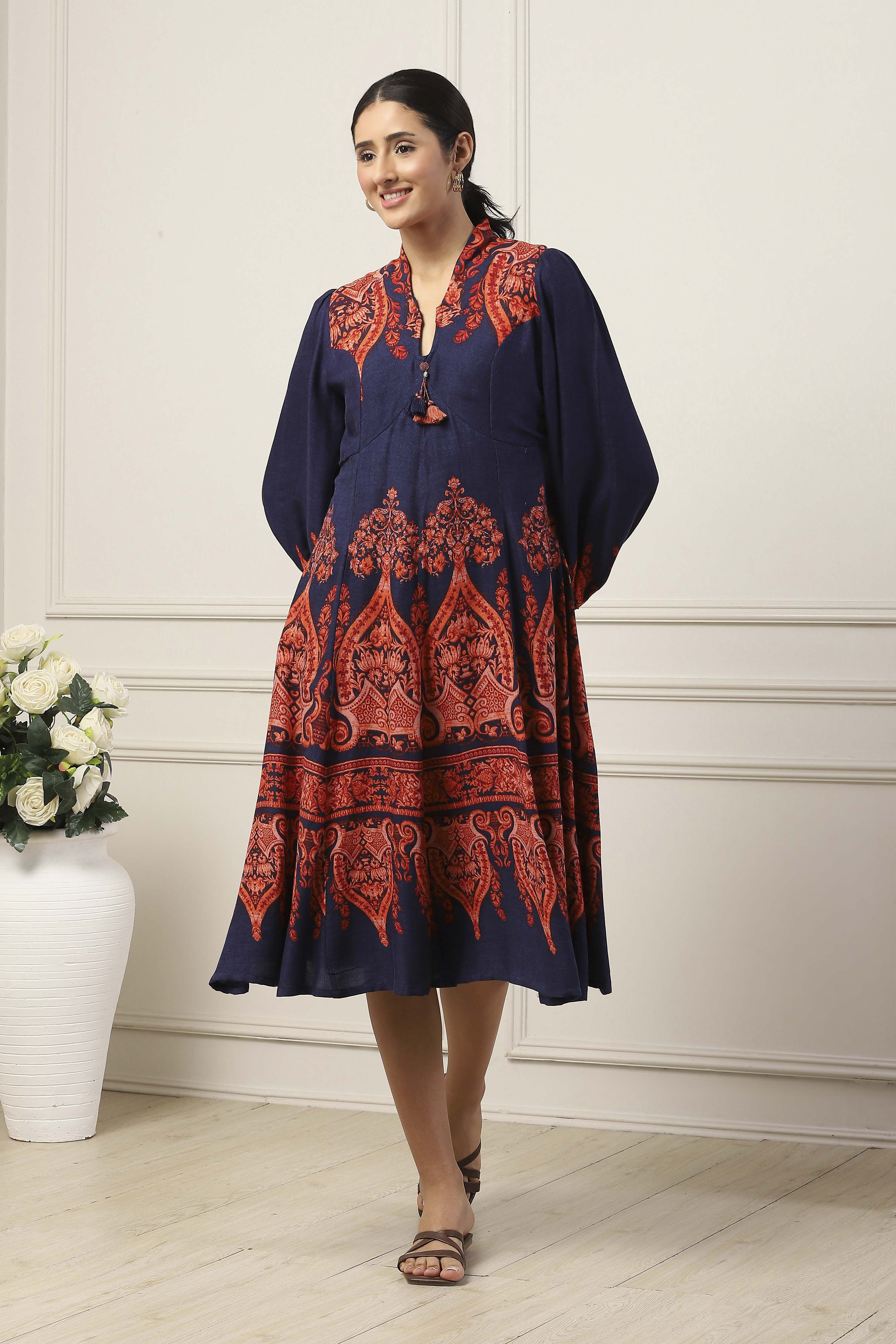 Navy Blue Viscose Rayon Ethnic Motif Printed Flared Dress image number 5