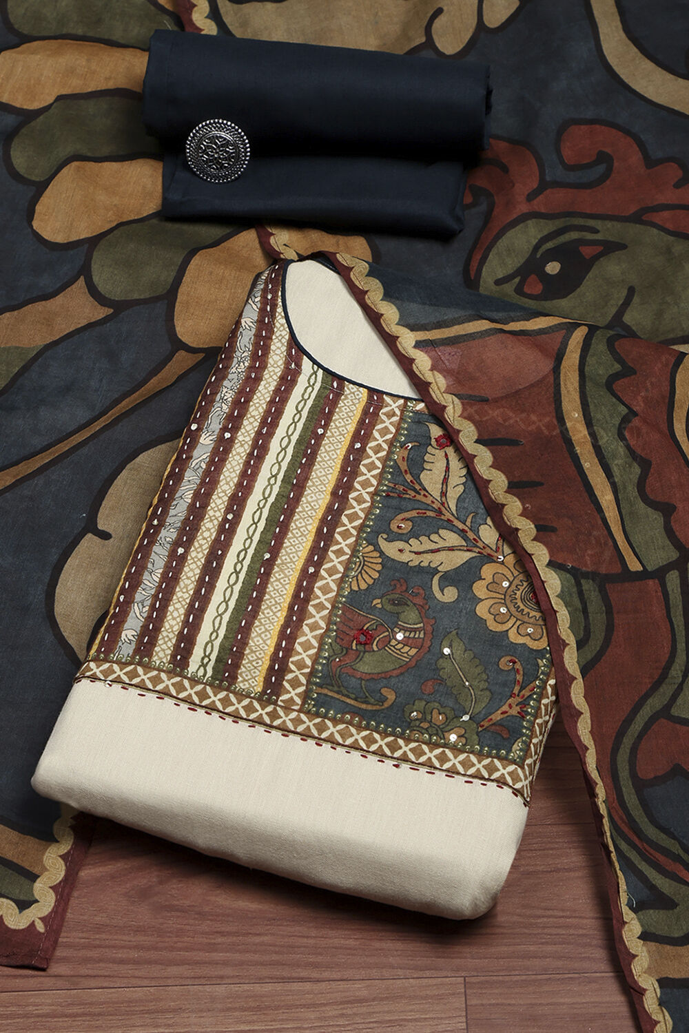 Yellow Cotton Hand Block Print Unstitched Suit Set image number 0