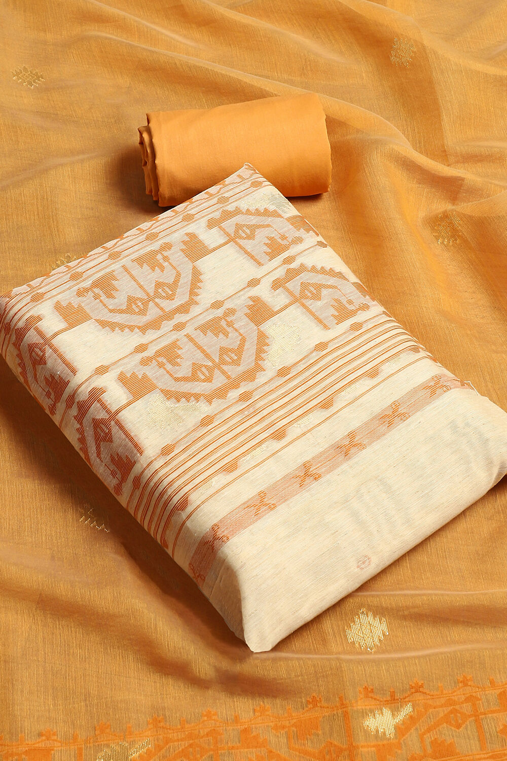 Beige and Yellow Chanderi Handloom Unstitched Suit Set image number 1