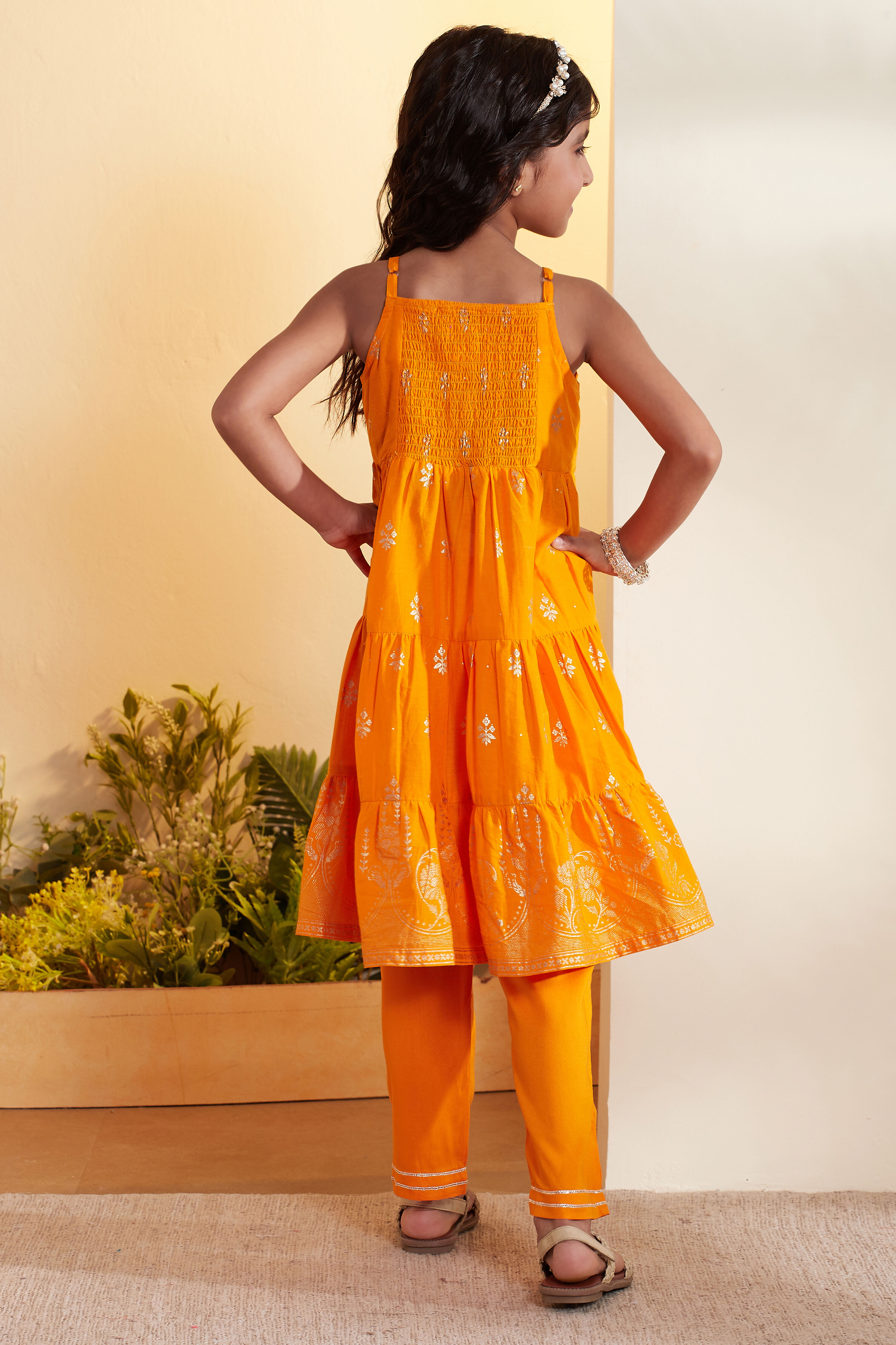 Orange Printed Cotton Tiered Kurta Set image number 5