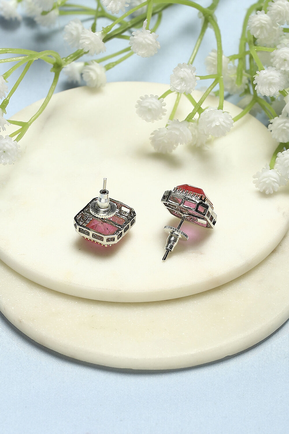 Light Pink Silver-Plated CZ Studded Contemporary Studs image number 2