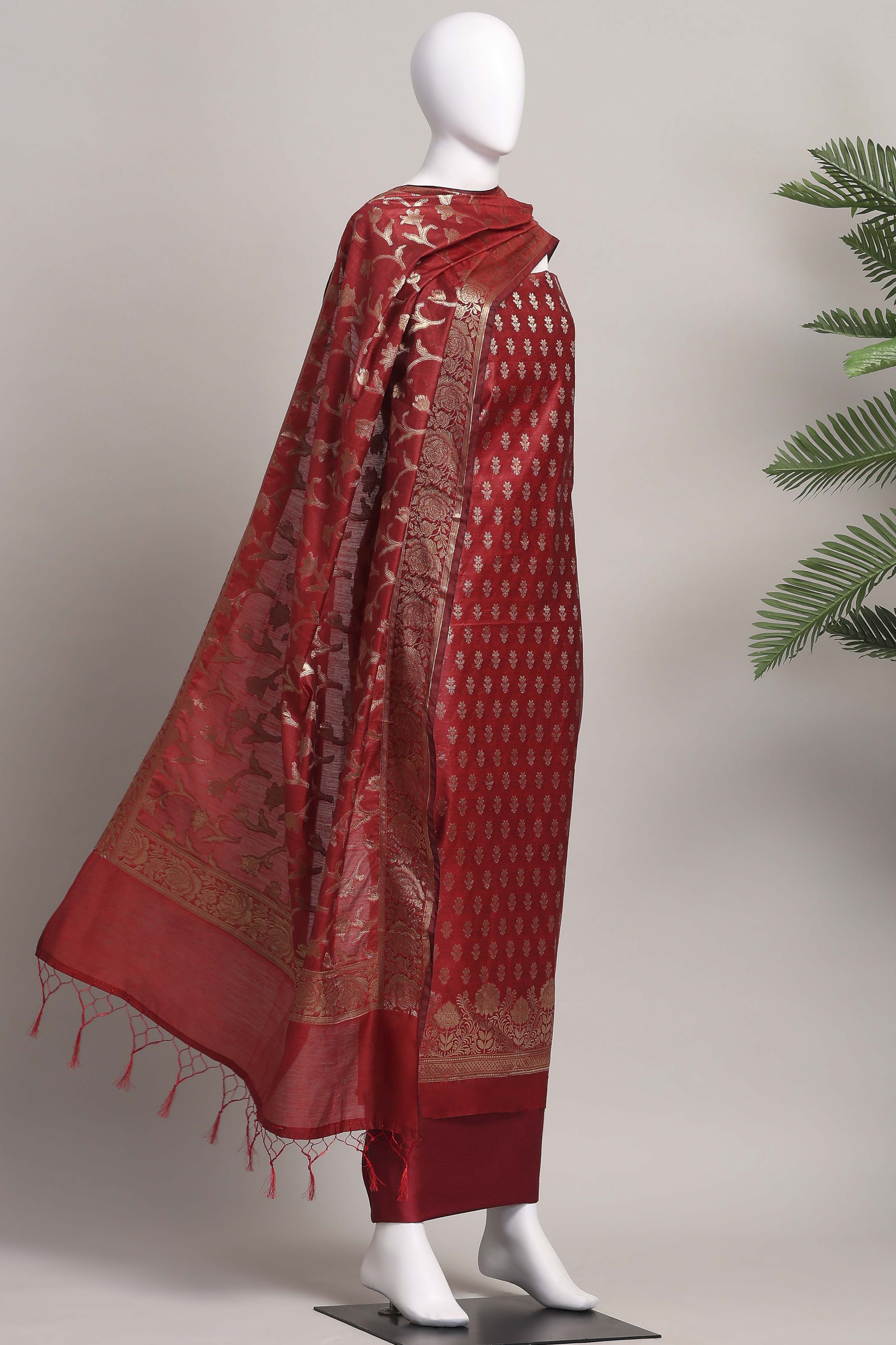 Yellow Banarasi Chanderi Banarasi Print Unstitched Suit Set image number 4