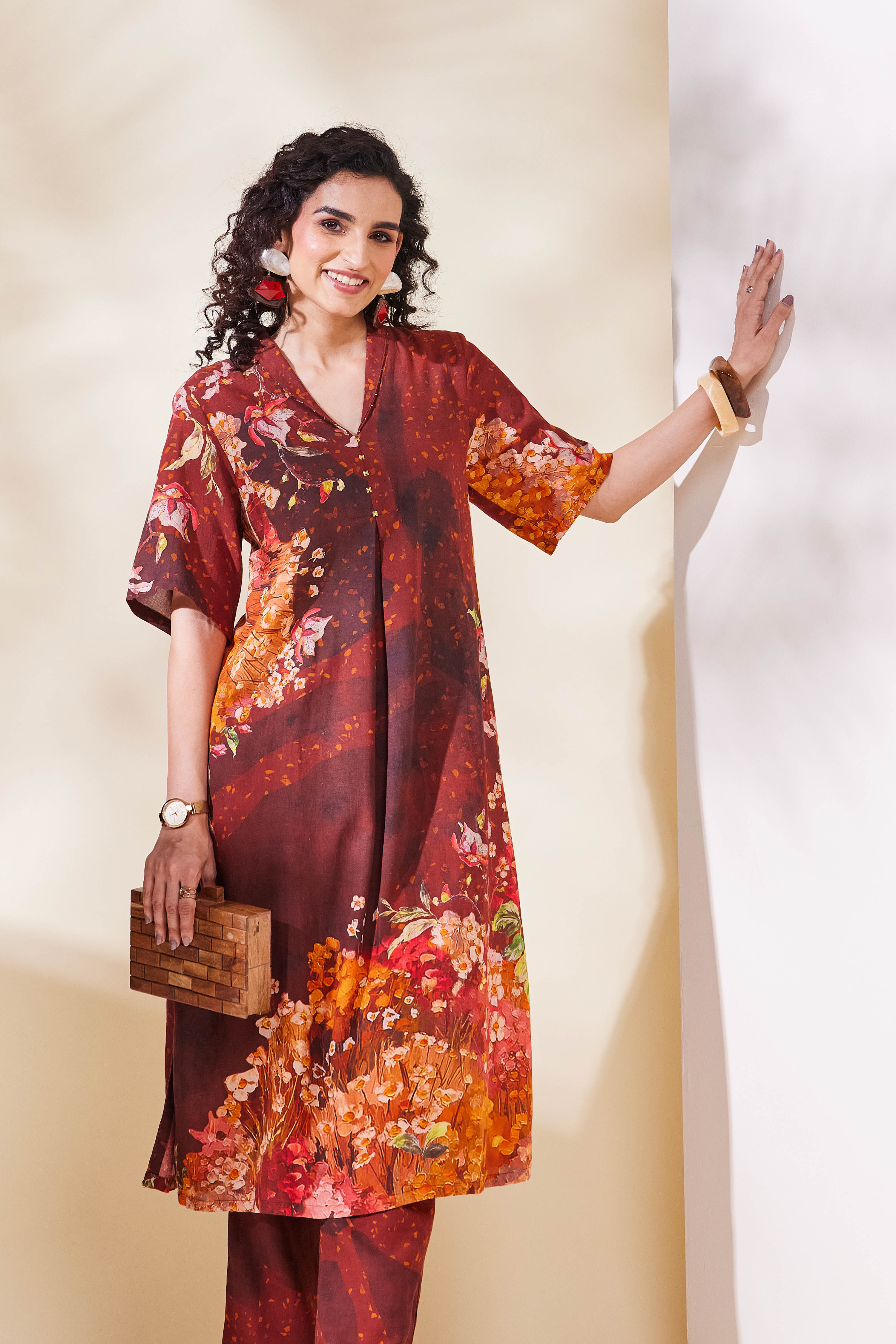 Brown Viscose Rayon A Line Kurta Pants Set image number 6