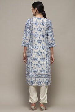 Off White Blue Cotton Straight Suit Set image number 5