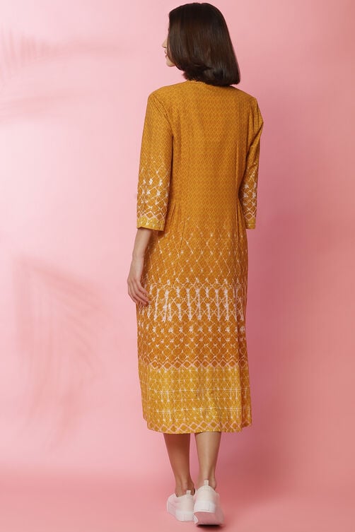 Mustard Rayon A-Line Printed Dress image number 5