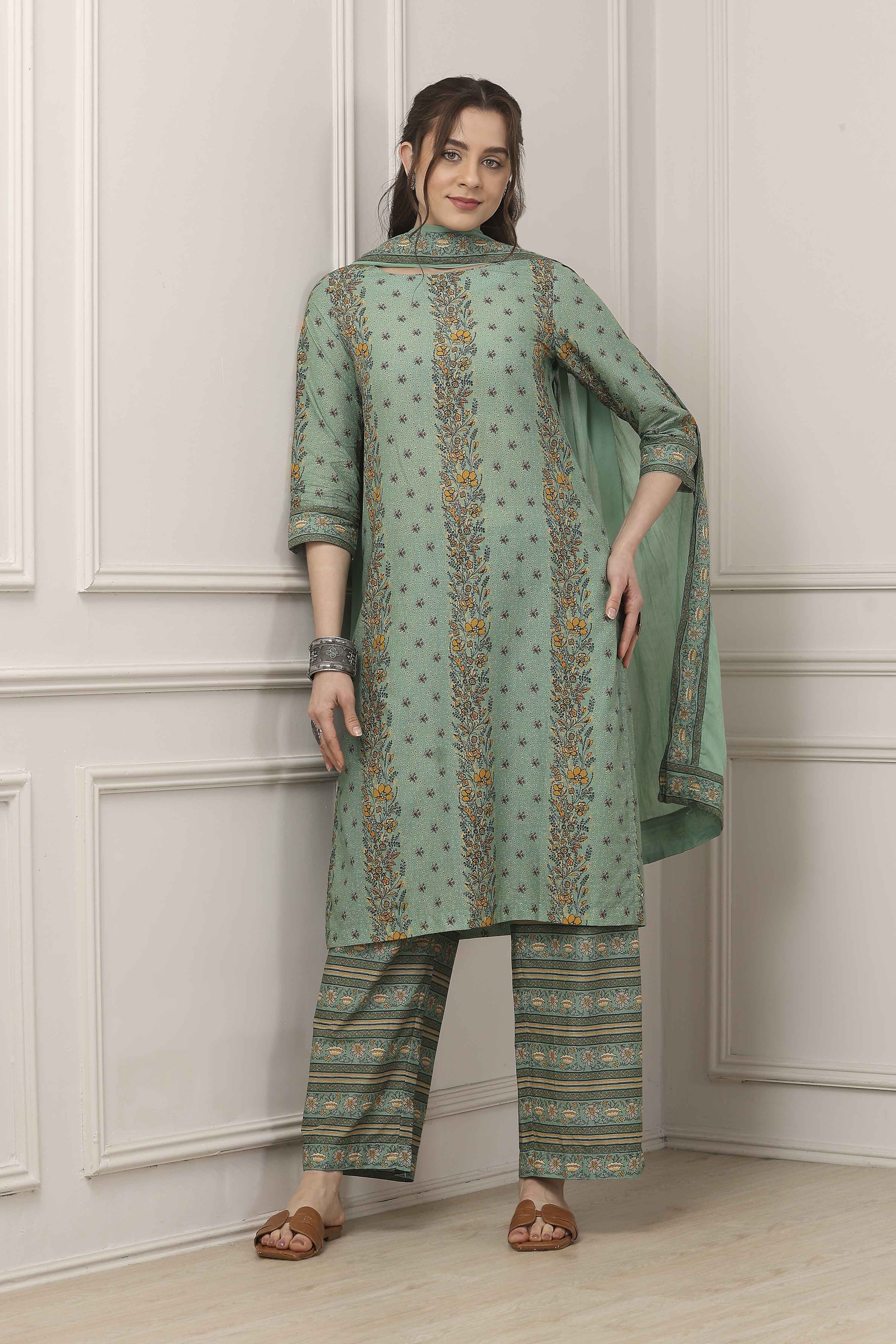Sage Green Printed Cotton Straight Suit Set image number 0