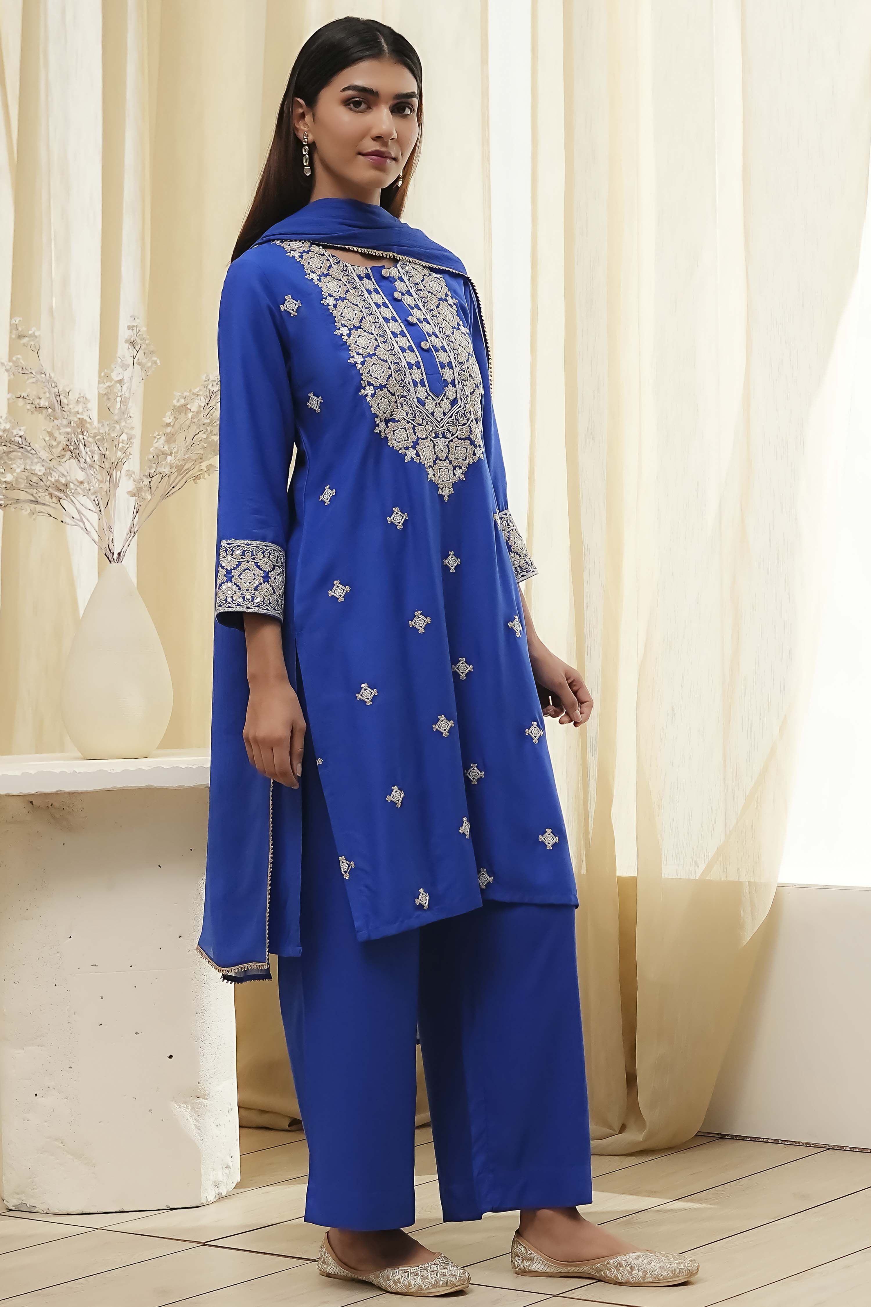 Blue Embroidered Straight Suit Set image number 5