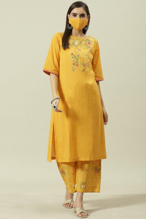 Mustard Printed Cotton Straight Kurta Palazzo Suit Set image number 6