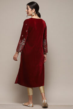 Green & Maroon Poly Velvet Straight Printed Kurta image number 3