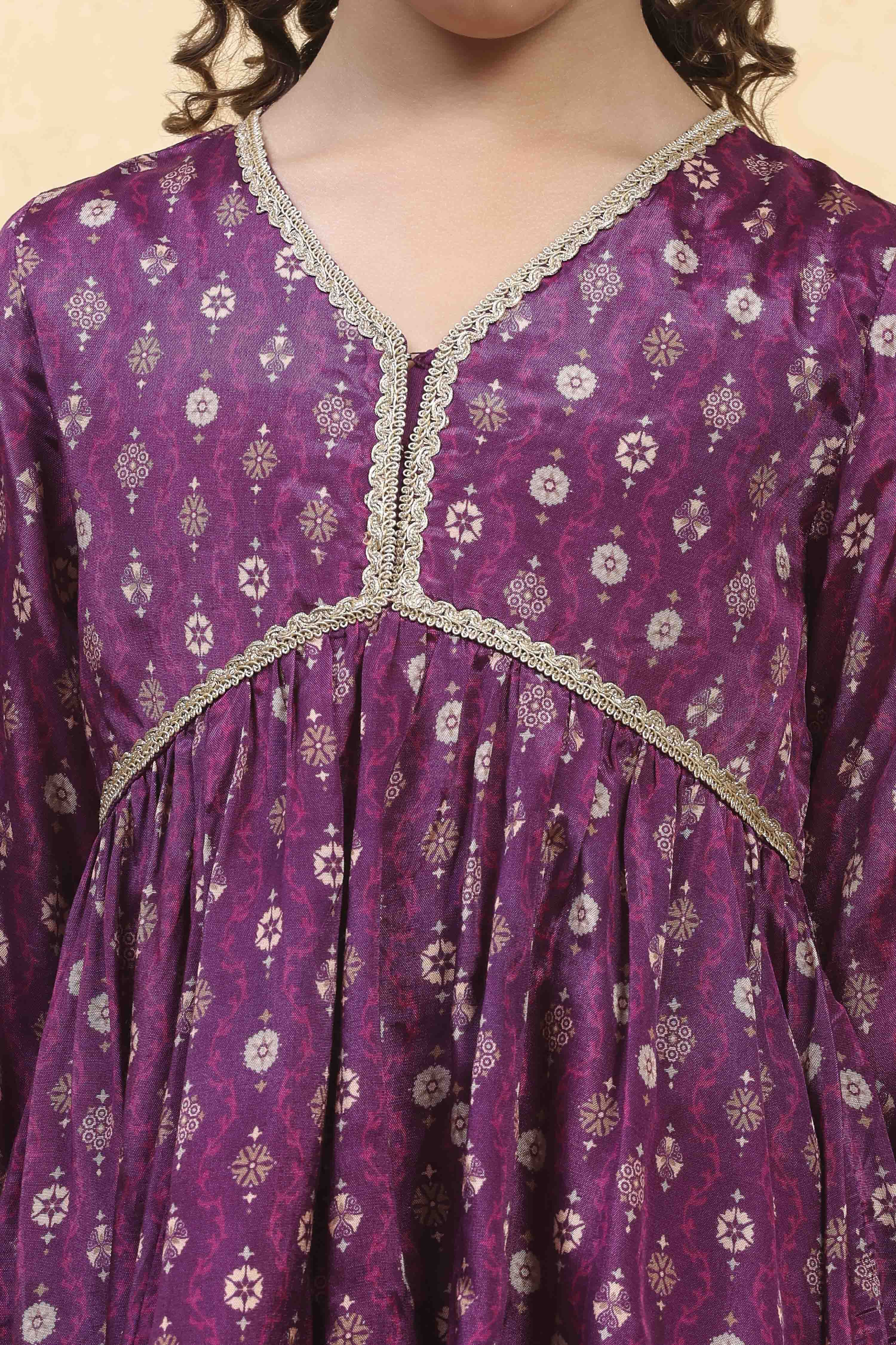 Purple Viscose Rayon Printed Peplum Suit Set image number 1