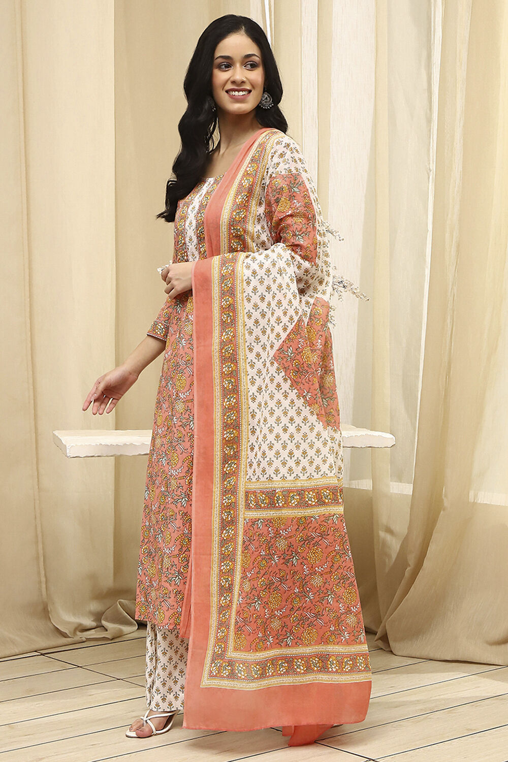 Lime Green and White Cotton Screen Print Unstitched Suit Set image number 4