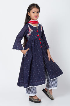 Navy Blue And White Poly Cotton Front Open Straight Kurta Palazzo Suit Set image number 4