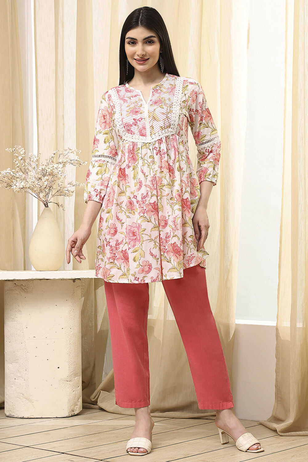 Earthy Blue Cotton Floral Flared Short Kurta image number 4