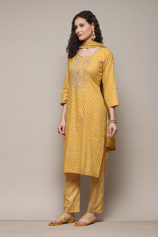 Yellow Cotton Machine Embroidered Unstitched Suit Set image number 6