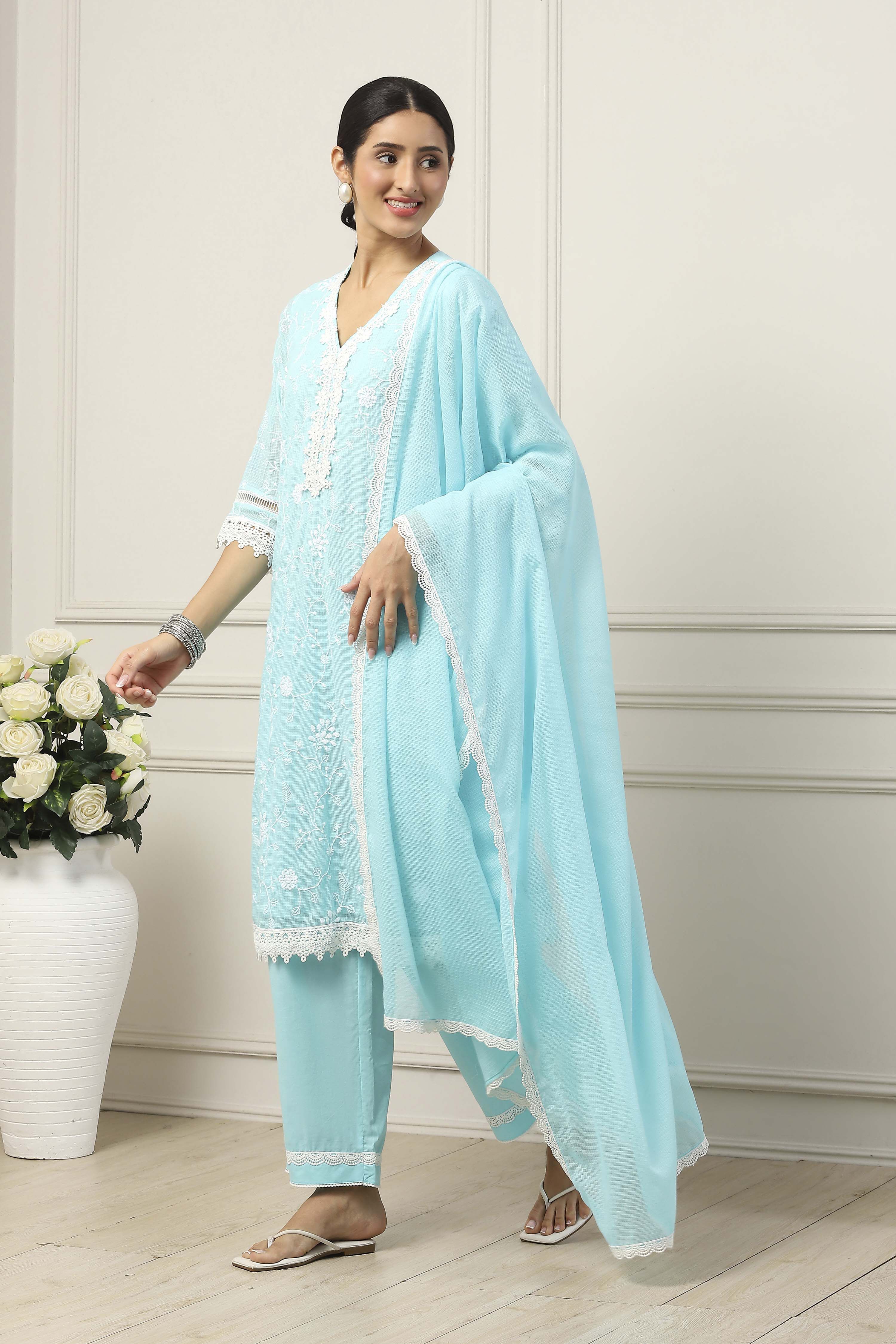 Sky Blue Cotton Floral Embroidered Straight Suit Set image number 3