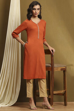 Burnt Orange Solid Regular Fit Straight Kurta image number 0