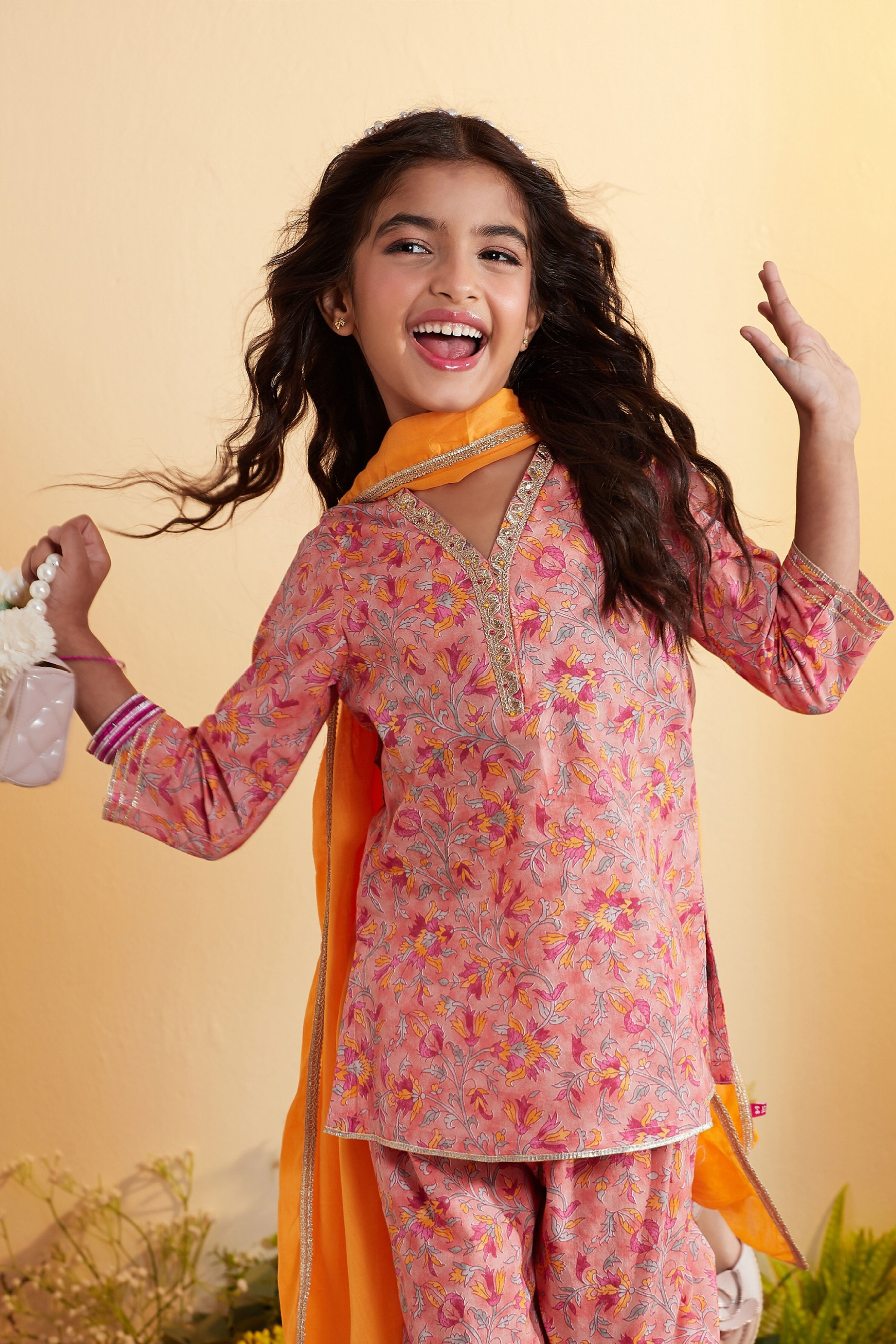 Peach Floral Printed Cotton Straight Kurta Set image number 1