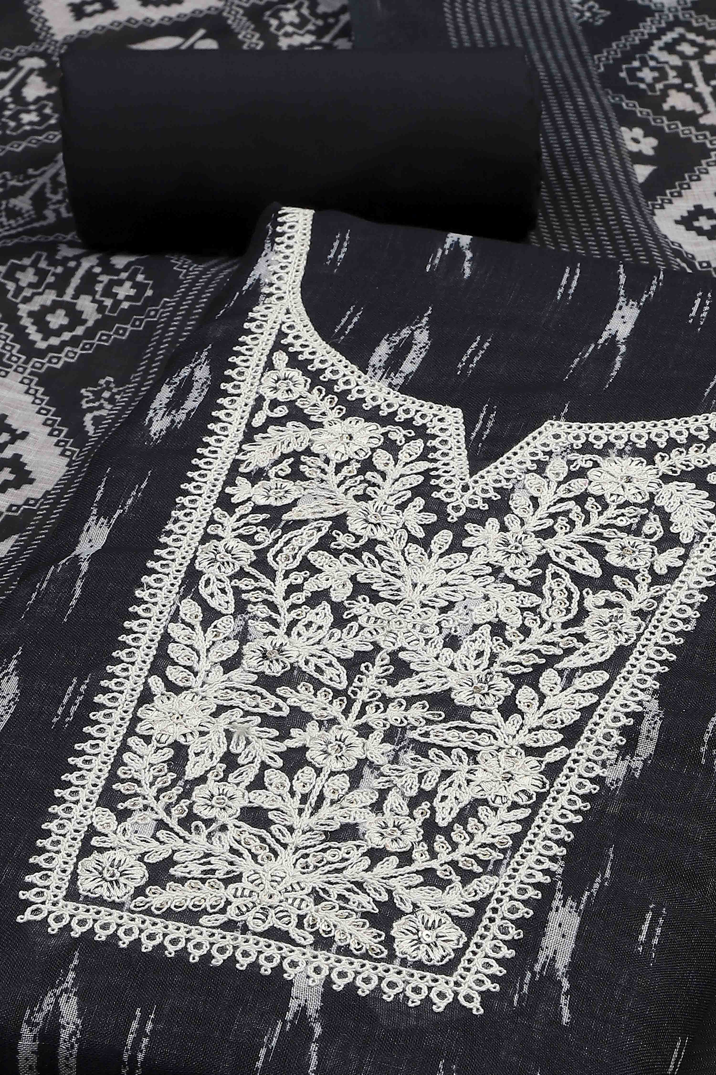 Blue Linen Royal-Ikkat  Buti Print Unstitched Suit Set image number 1