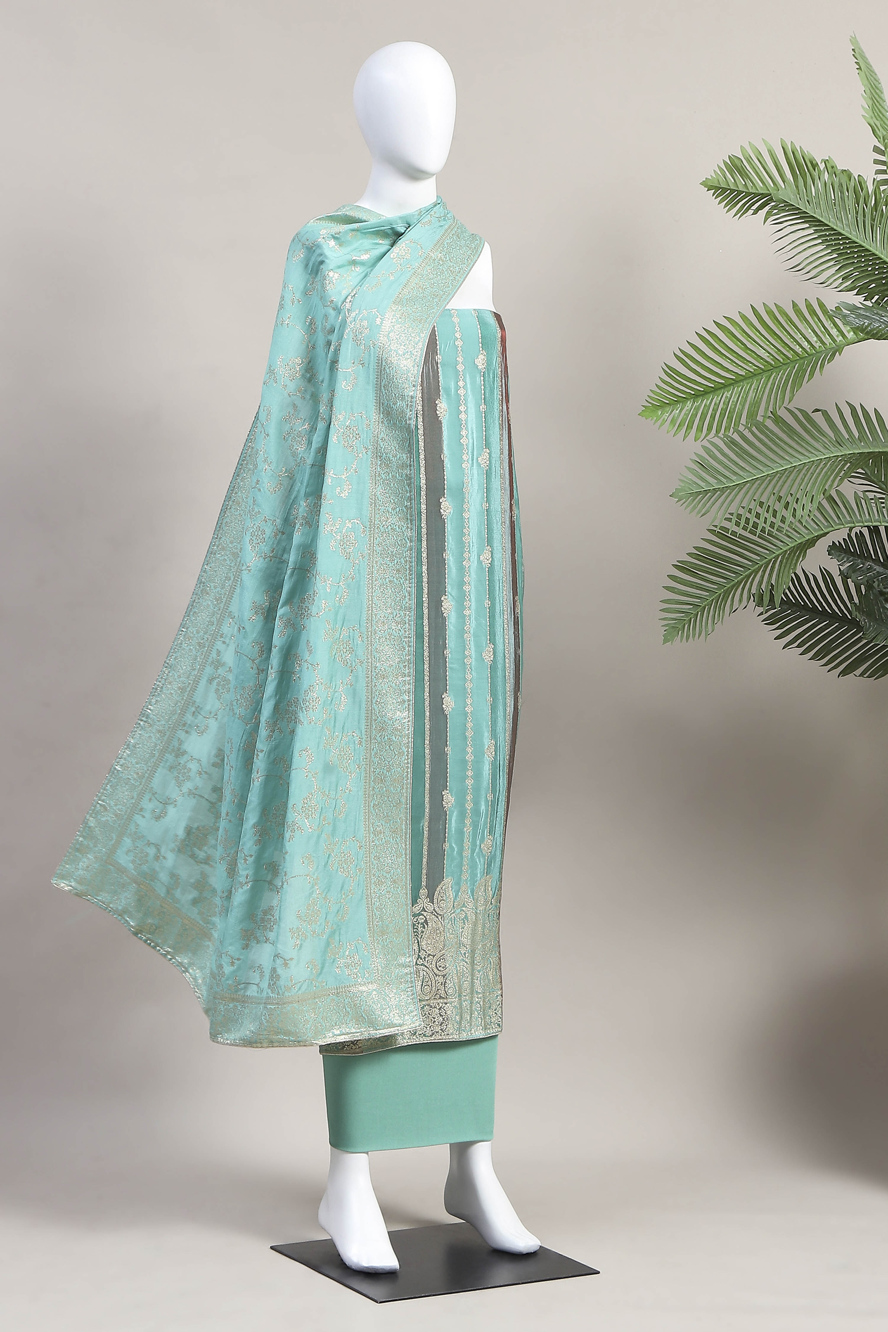 Teal Cotton Printed Embroidered Unstitched Suit Set image number 4