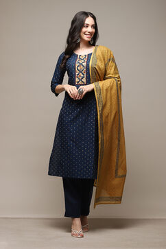 Blue Cotton Printed Unstitched Suit Set image number 8