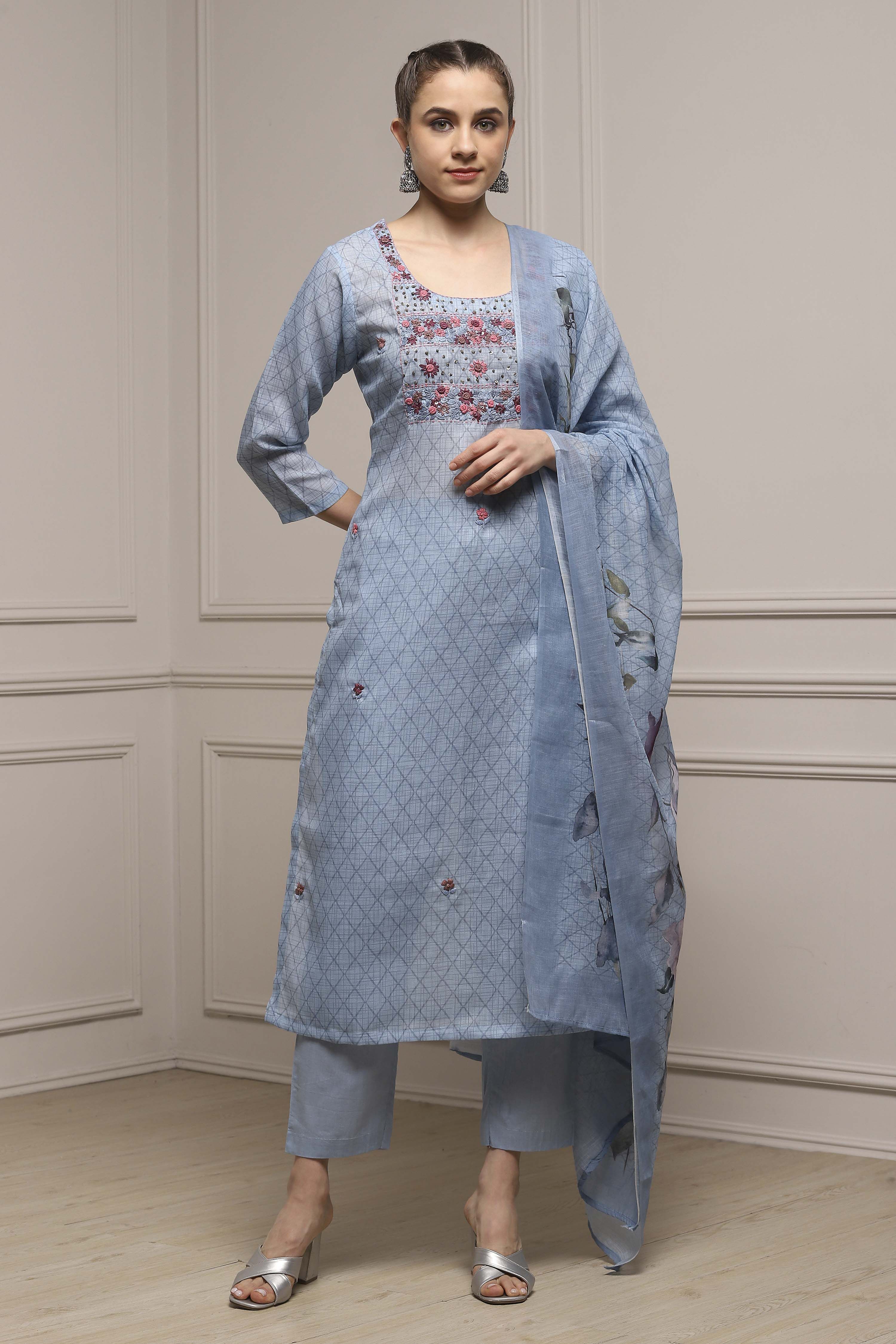 Blue Cotton Blend Hand Embroidered Unstitched Suit Set image number 1