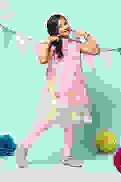 Off White Cotton Blend A-Line Printed Suit Set image number 7