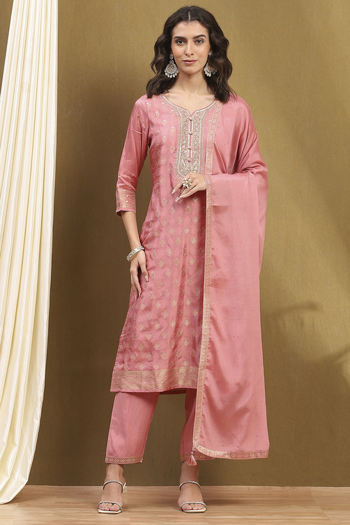 Pink Viscose Blend Yarn Dyed Straight Suit Set image number 6