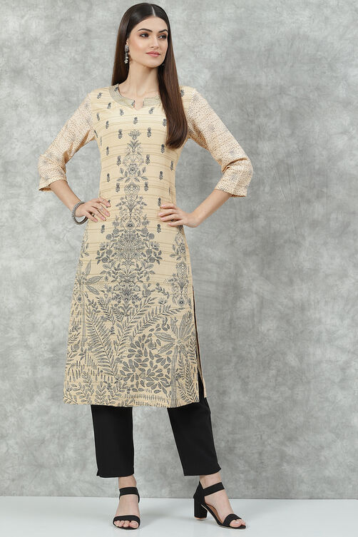 Beige Rayon A-Line Printed Kurta image number 5