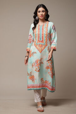 Sky Blue LIVA Straight Printed Kurta image number 1