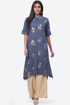 Steel Blue Rayon Asymmetric Kurta image number 0