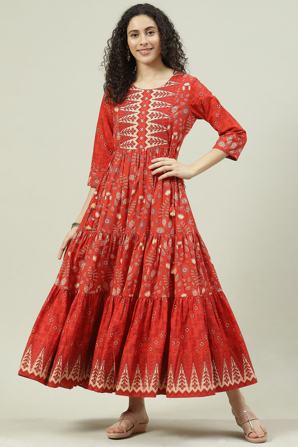 Mustard Cotton Flared Fusion Printed Dress image number 0