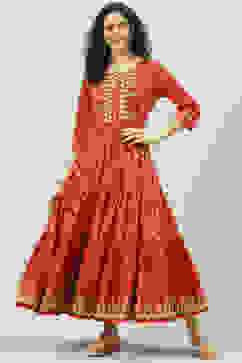 Rust Cotton Flared Fusion Printed Dress image number 0