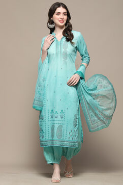 Turquoise Cotton
Blend Digital Print Unstitched Suit Set image number 1