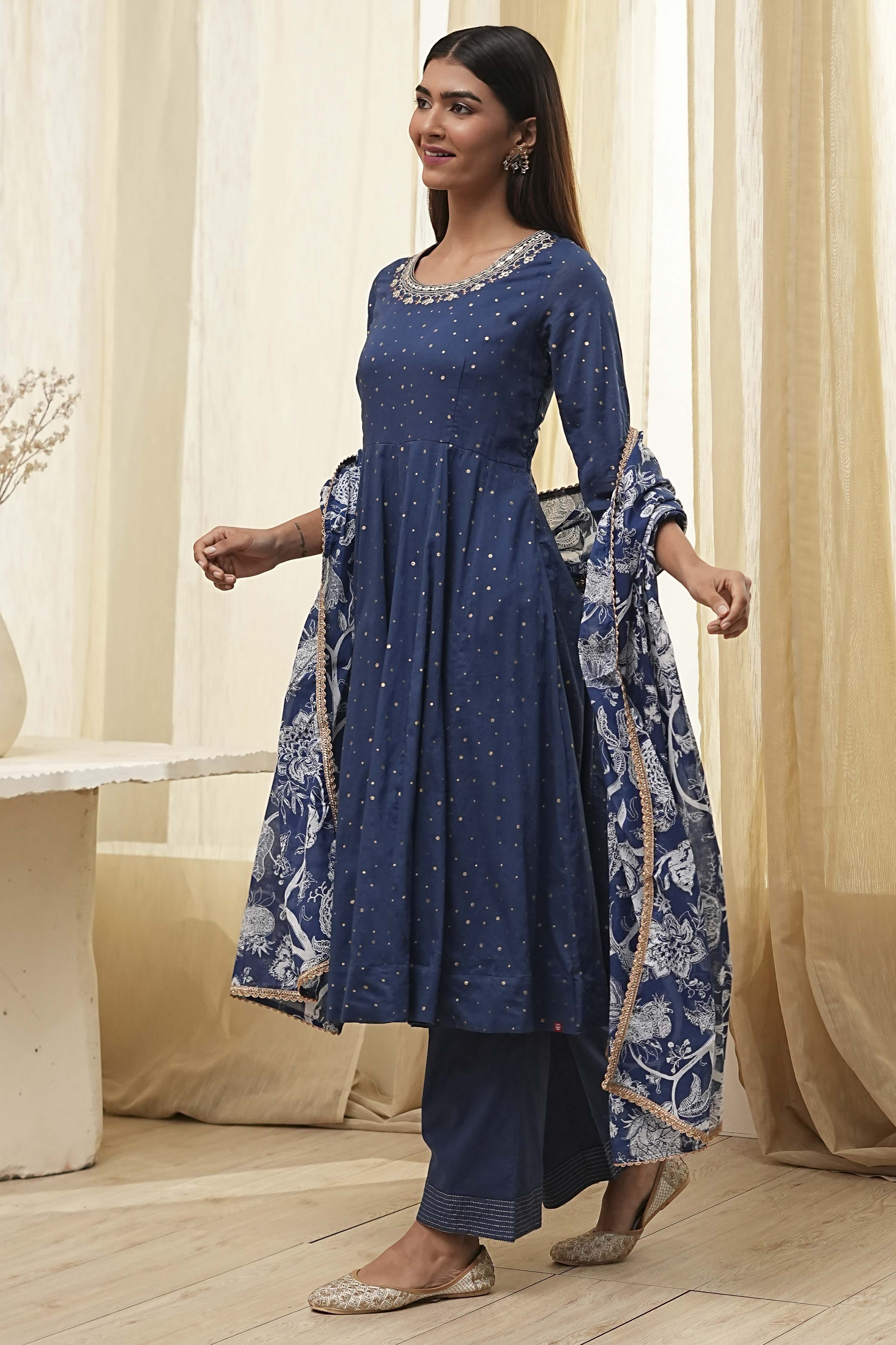 Blue Cotton Foil Printed Anarkali Suit Set image number 3