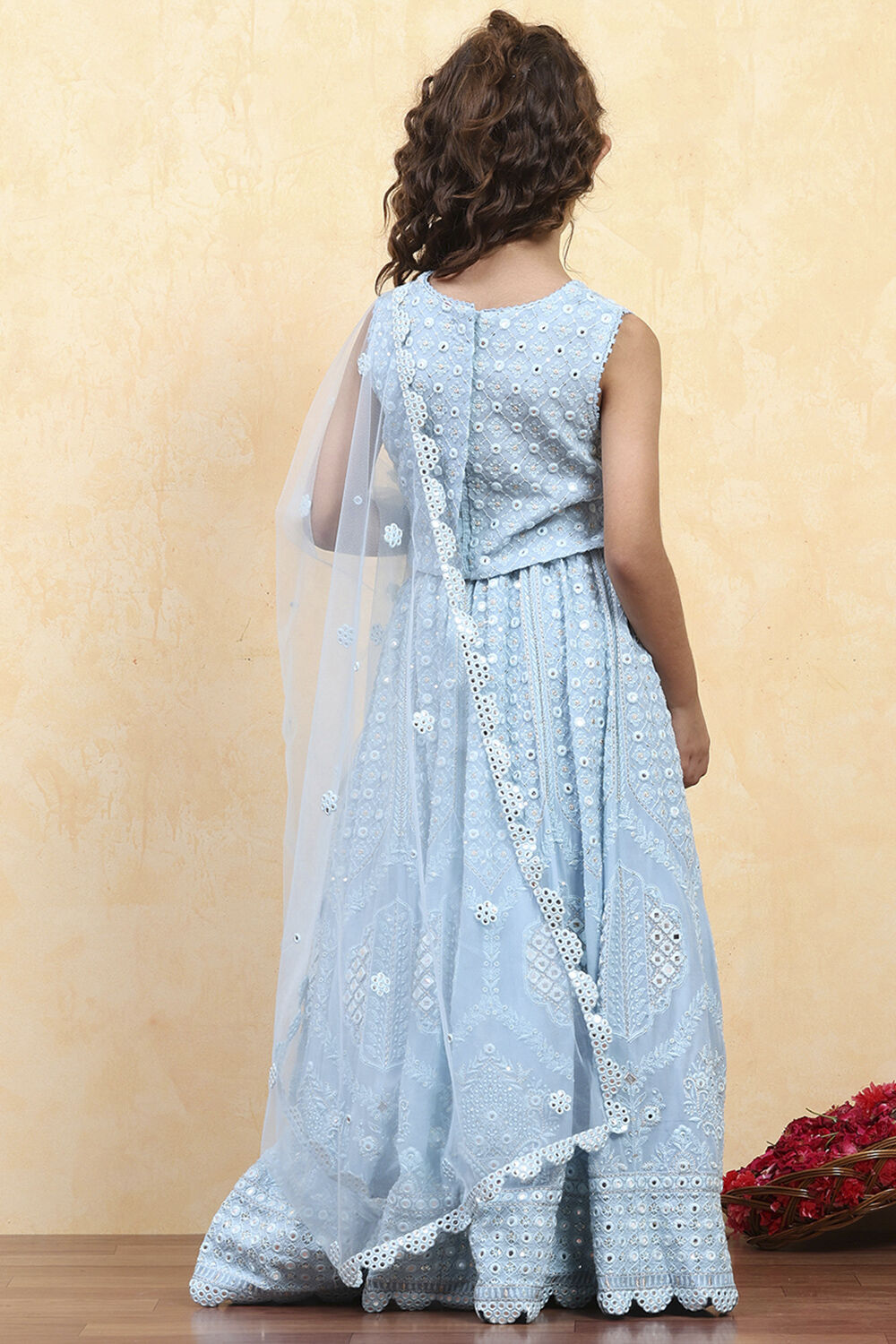 Blue Viscose Embroidered Kalidar Lehenga Set image number 4