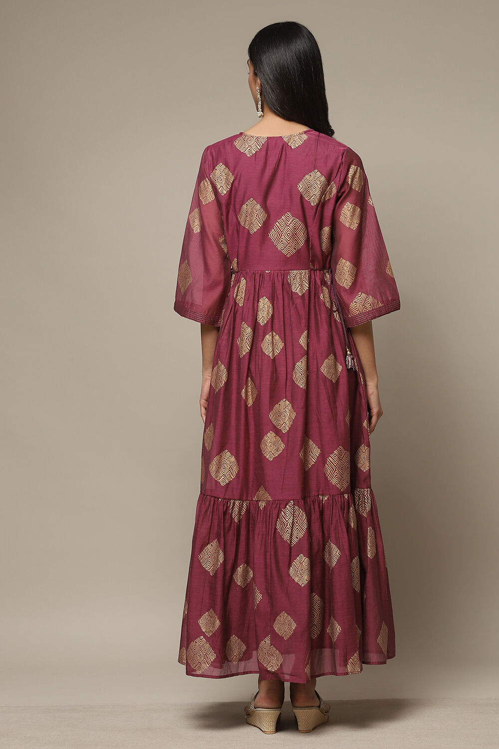 Golden Yellow Cotton Blend Tiered Printed Dress image number 2