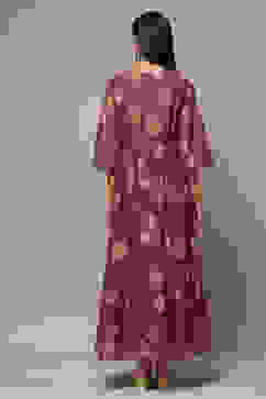 Purple Cotton Blend Tiered Printed Dress image number 2