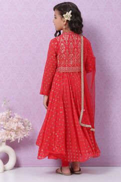 Red Cotton Anarkali Kurta Churidar Suit Set image number 4