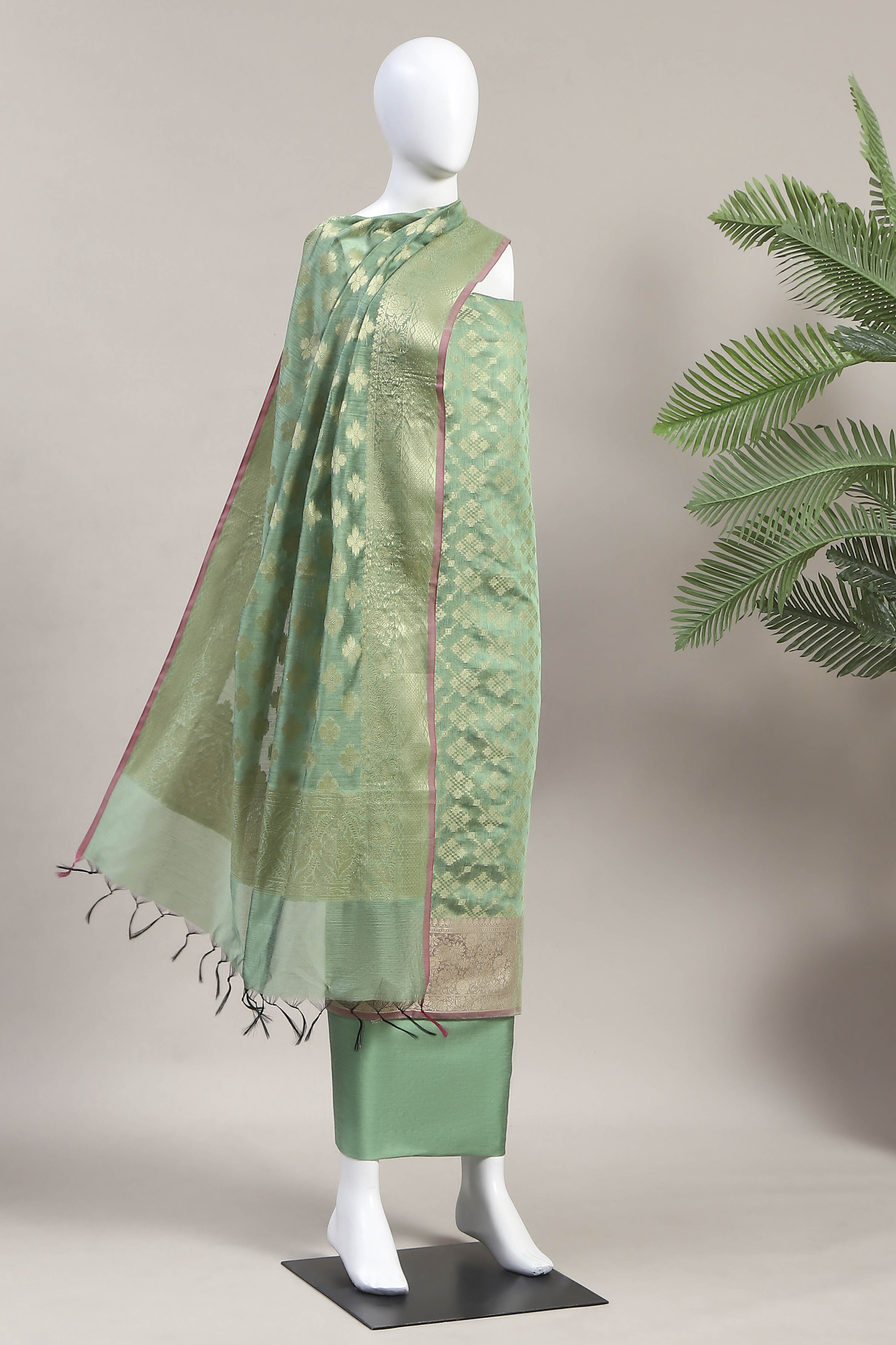 Green Cotton Printed Embroidered Unstitched Suit Set image number 4