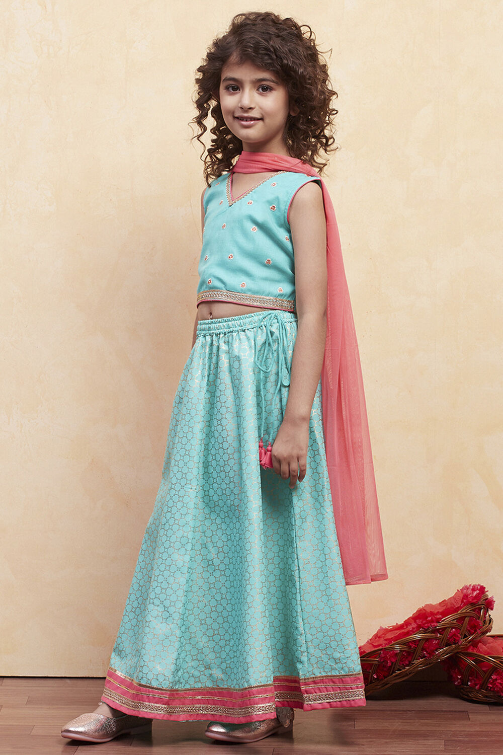 Turquoise Printed Flared Lehenga Set image number 3