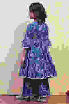 Blue Cotton Printed Tiered Kurta Set image number 4