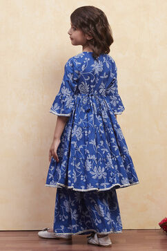 Blue Cotton Printed Tiered Kurta Set image number 4