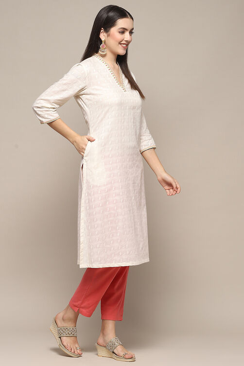 Off White Cotton Straight Kurta image number 4