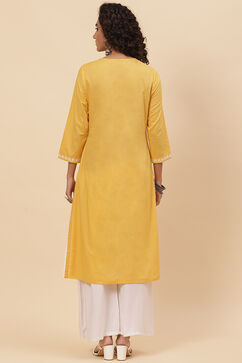 Yellow Cotton Straight Embroidered Kurta image number 4