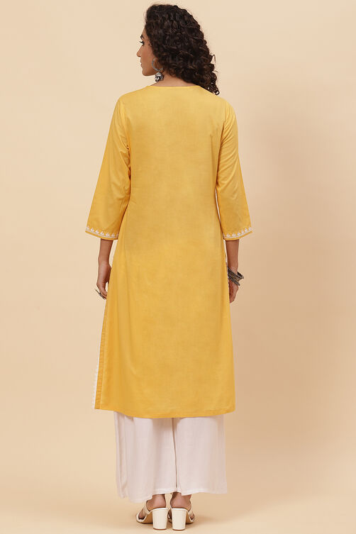Blue Cotton Straight Embroidered Kurta image number 4