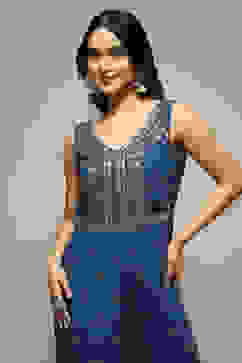 Blue Embroidered Straight Jumpsuit image number 1