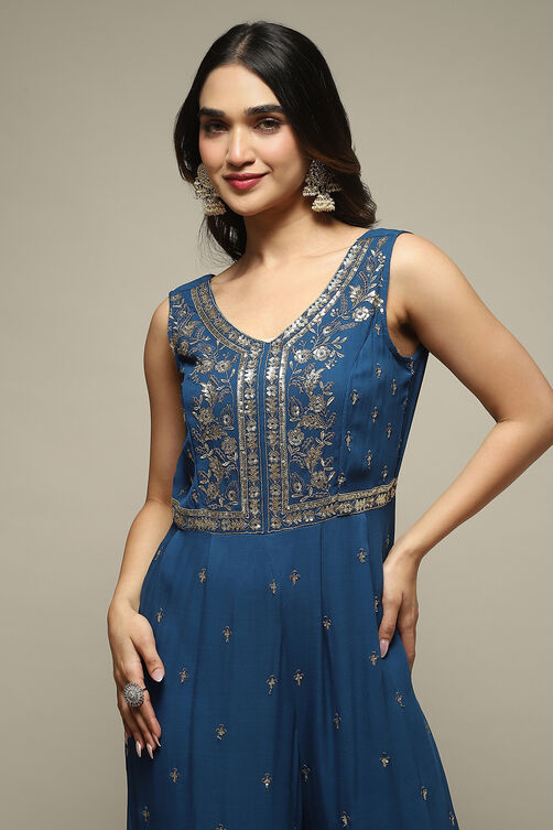 Blue Viscose Straight Embroidered Jumpsuit image number 1